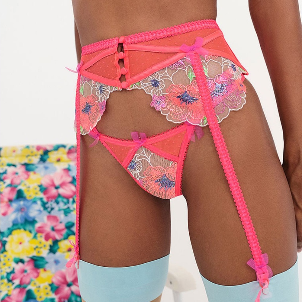 For Love and Lemons Shimmer Zinnia Embroidery Thong Panty and Garter